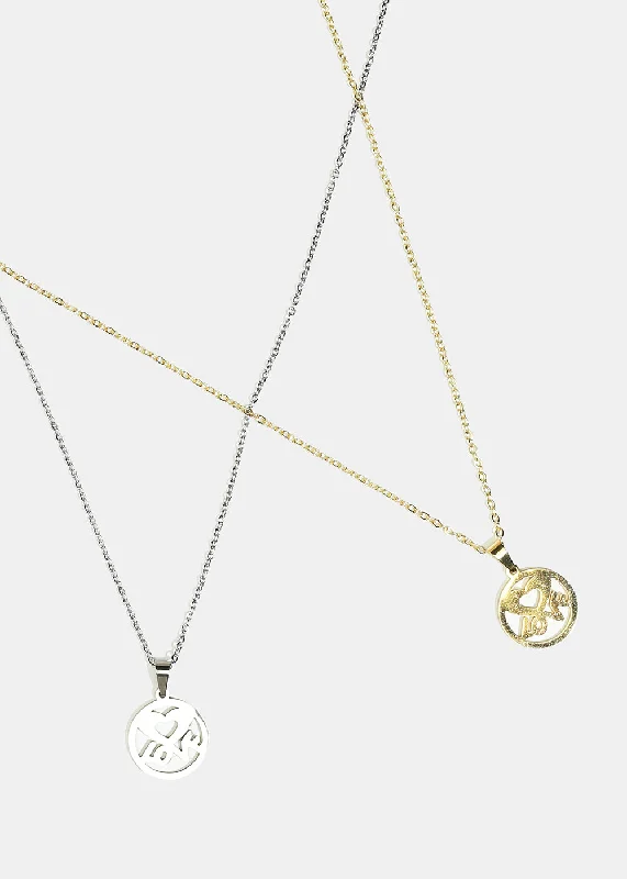 Gold Plated Pendant Necklace-Heart & "LOVE" in Circle Necklace with Stud Earrings