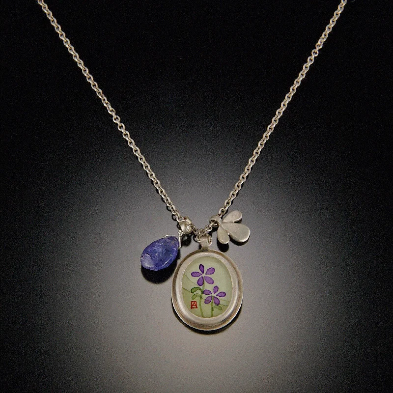 Unique Gold Pendant Necklace-Violets Charm Necklace with Tanzanite