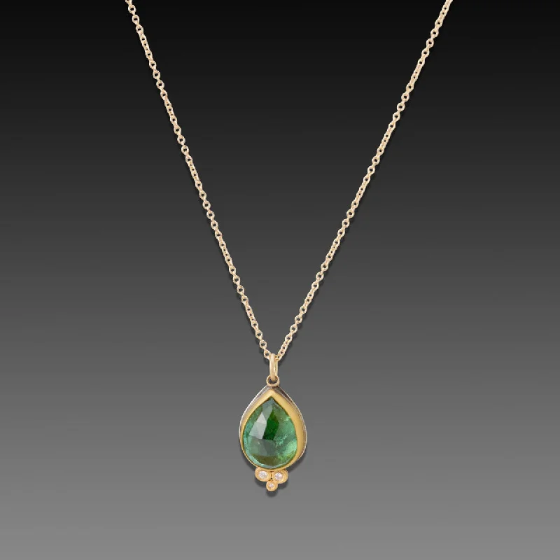 Unique Silver Bar Necklace-Green Tourmaline Teardrop Necklace