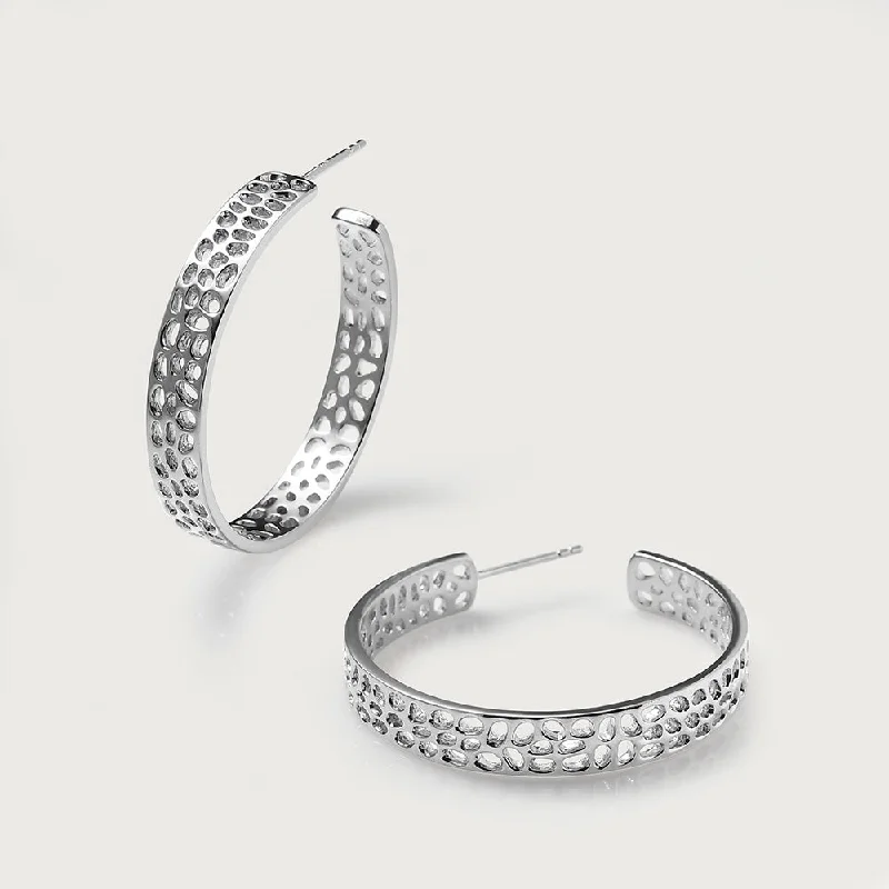 Bright Silver Earrings-Lattice Hoop Earrings