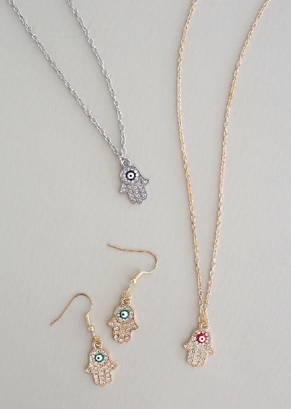 Handmade Crystal Pendant Necklace-Hamsa Hand Necklace & Earring Set