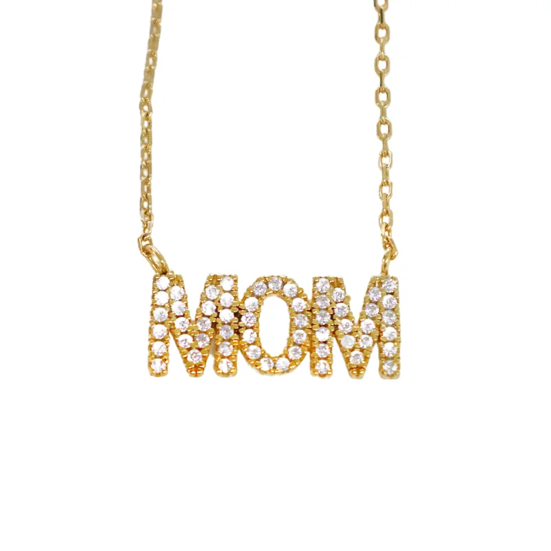 Minimalist Gold Necklace-"MOM" Pave CZ Necklace