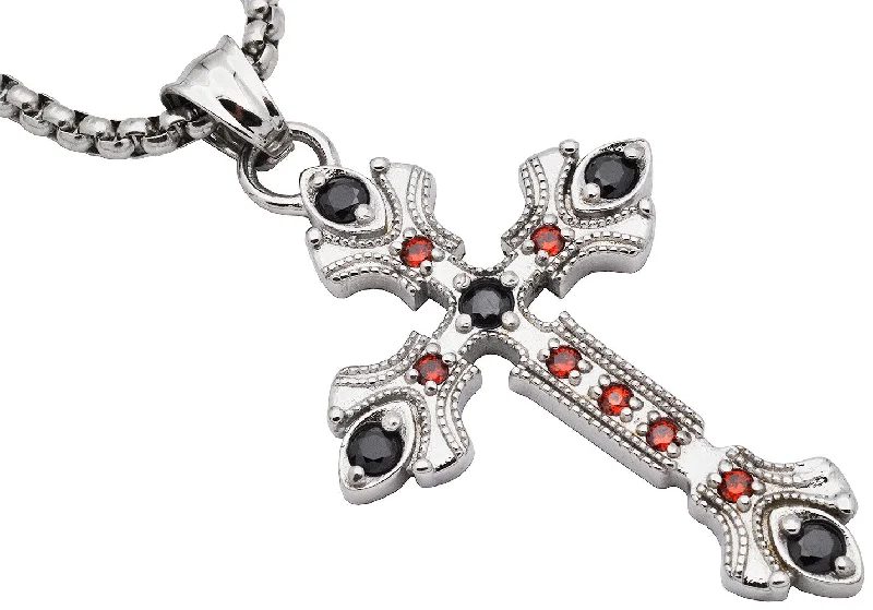 Elegant Crystal Necklace-Men's Stainless Steel Cross Pendant Necklace With Red And Black Cubic Zirconia