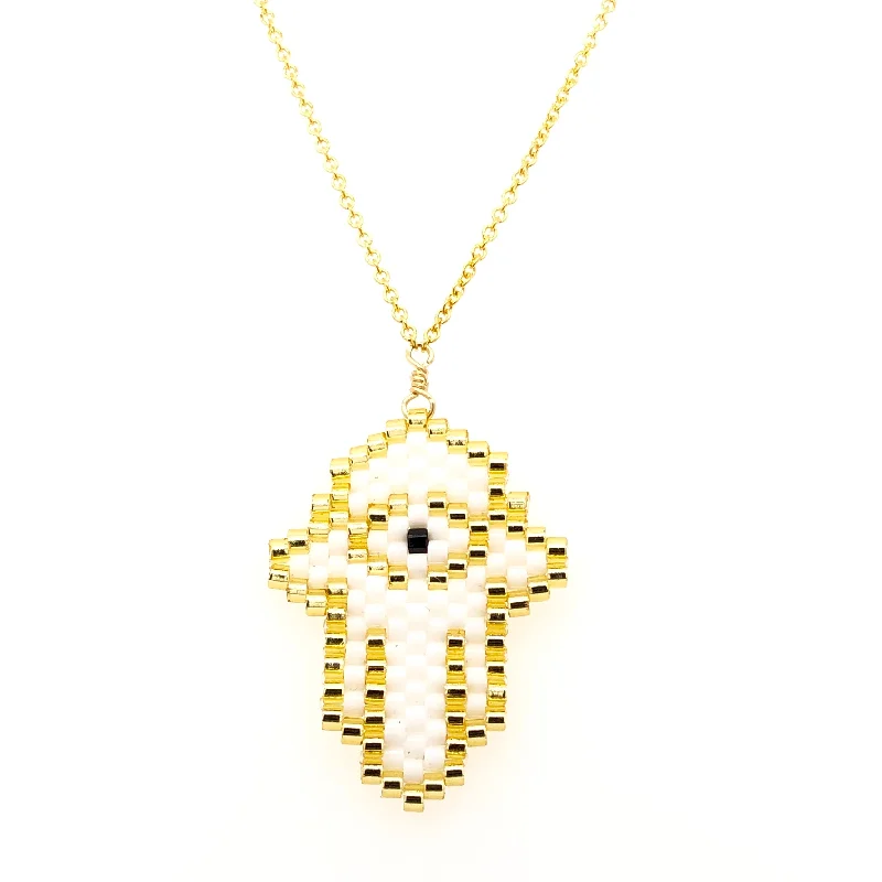 Cute Pendant Necklace-Seed Bead White Hamsa with Black Eye Necklace