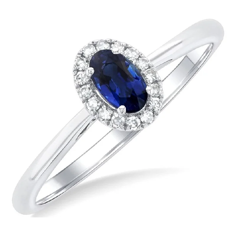 Simple Gemstone Ring-10K White Gold Oval Sapphire and Diamond Halo Ring