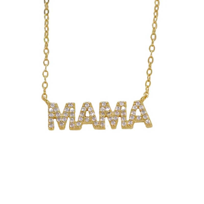 Long Layered Necklace-"Mama" Pave CZ Necklace