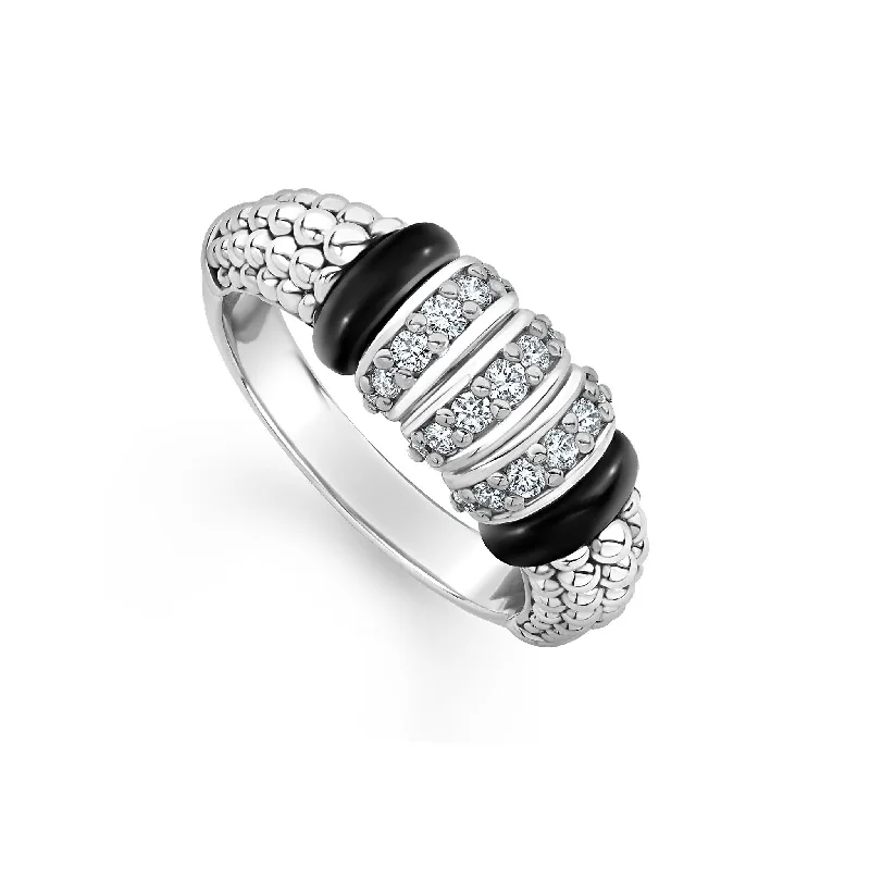 Silver Stackable Rings-Lagos Sterling Silver Black Caviar Diamond 3 Link Fashion Ring