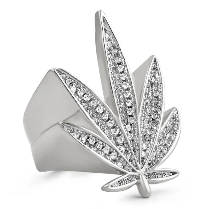 Simple Wedding Band for Women-Marijuana Leaf 420 CZ Bling Bling Rhodium Ring