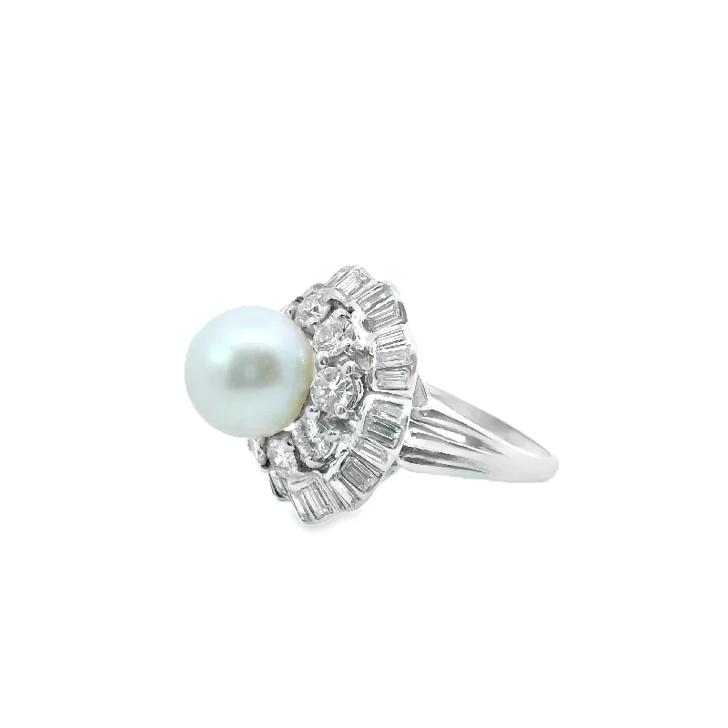 Classic Silver Engagement Ring-Diamond & Pearl Flower Ring