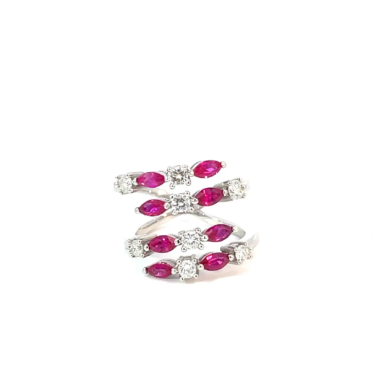 Custom Handmade Ring-Marquise Ruby and Diamond Bypass Ring