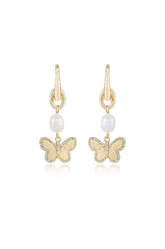 Vintage Gemstone Earrings-Butterfly High Pearl Drop Earrings