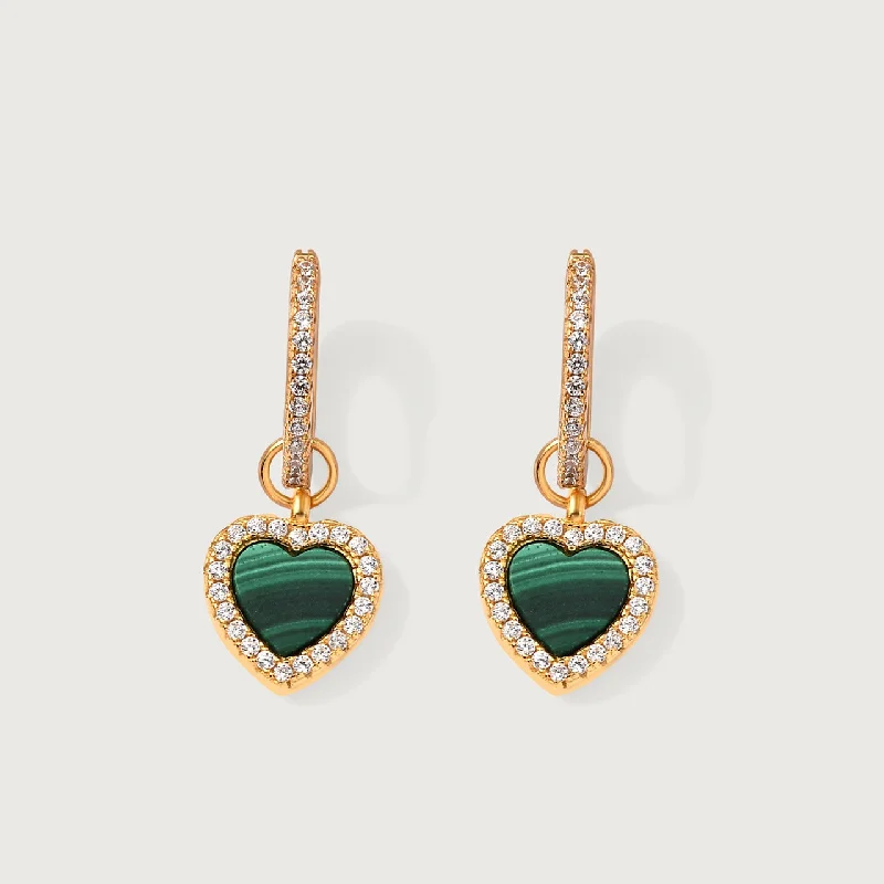 Silver Drop Earrings-Modern Love Malachite Heart Huggie Hoops