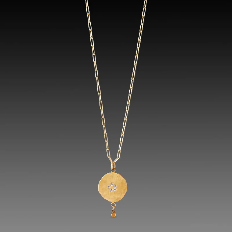 Gold Charm Necklace-Hammered Gold Disk Necklace with Diamonds & Drop