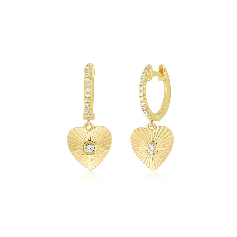 Large Hoop Drop Earrings-Gold and Diamond Fluted Heart Drop Huggies