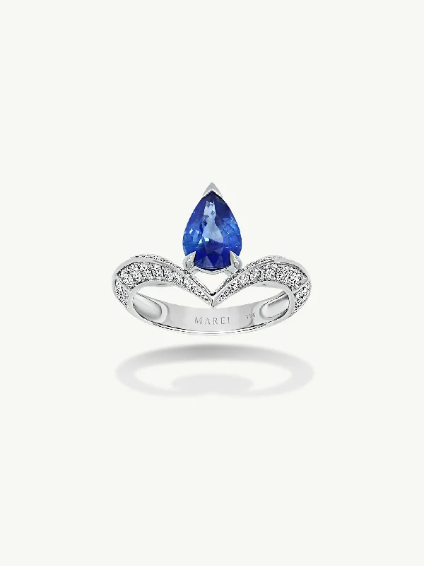 Titanium Wedding Band Set-Dorian Floating Teardrop-Shaped Cornflower Blue Ceylon Sapphire Engagement Ring In 18K White Gold