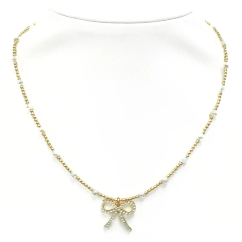 Bohemian Style Necklace-"BARA + FWP BOW" Charm Gold Filled & Pearl Beaded Choker/necklace