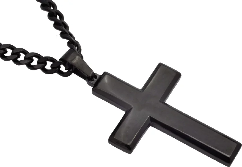 Personalized Diamond Necklace-Mens Black Stainless Steel Cross Pendant Necklace