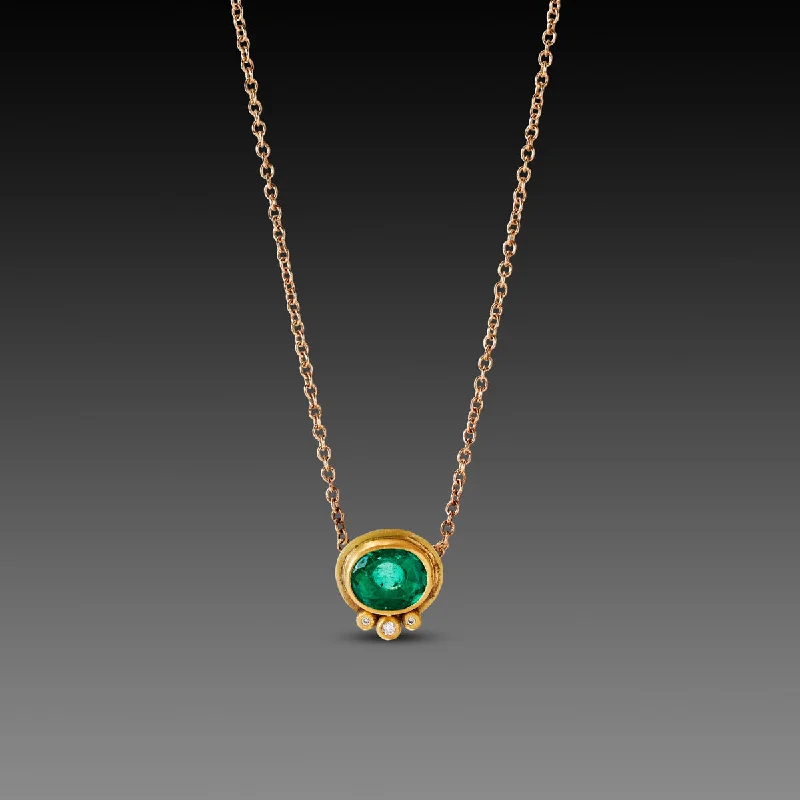 Double Gemstone Necklace-Oval Emerald Necklace with Diamond Trio