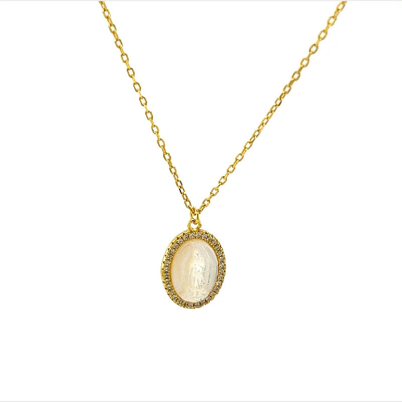 Luxury Diamond Necklace-"MARY" Small Oval Virgin Mary in Mother of Pearl Necklace