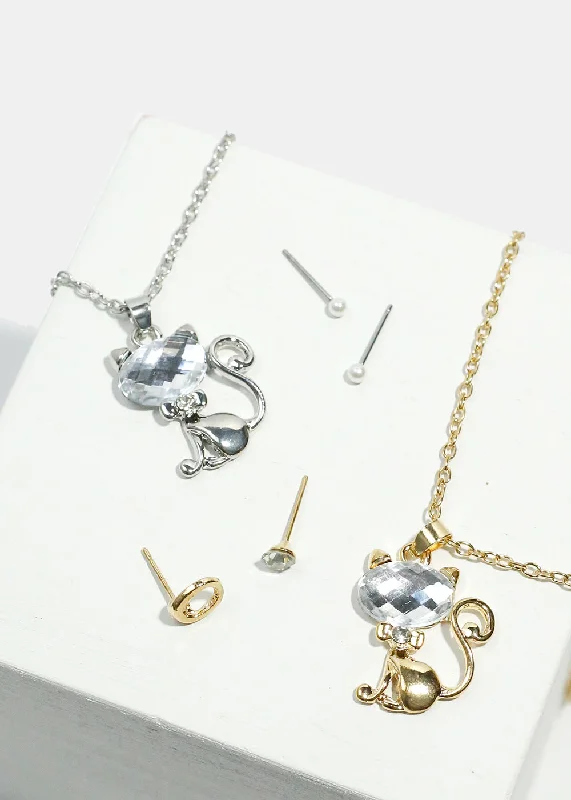 Layered Silver Pendant Necklace-Sparkly Cat Necklace and Earring Set