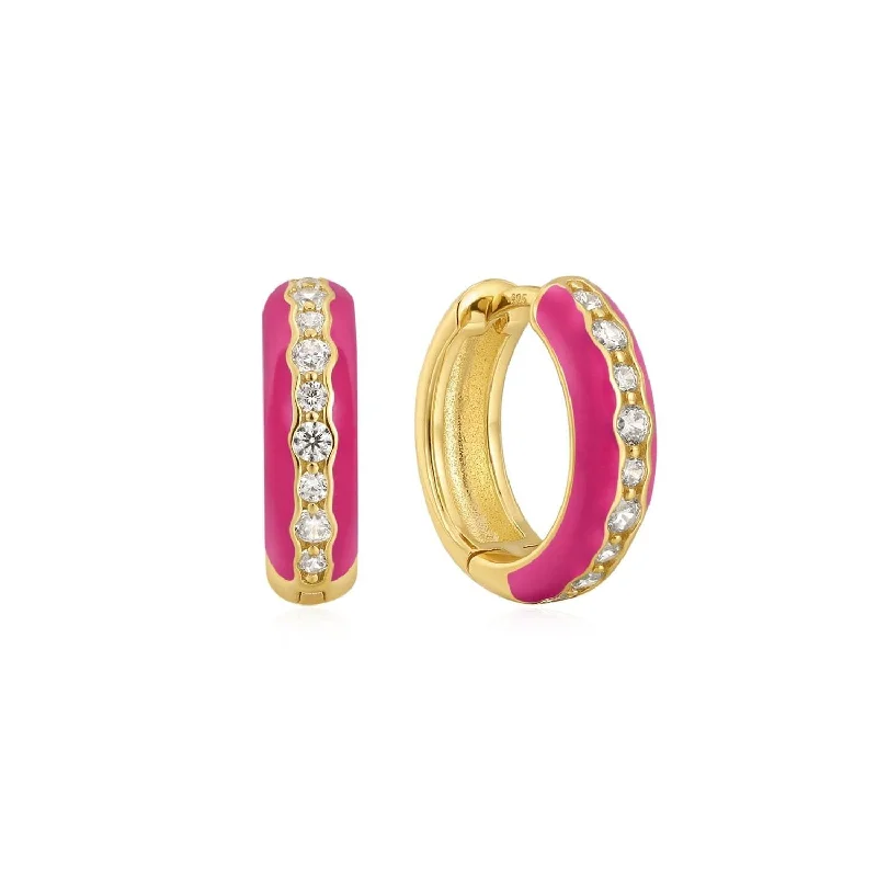 Modern Geometric Earrings-Pink Enamel & Cz Channel Huggie Hoop Earrings