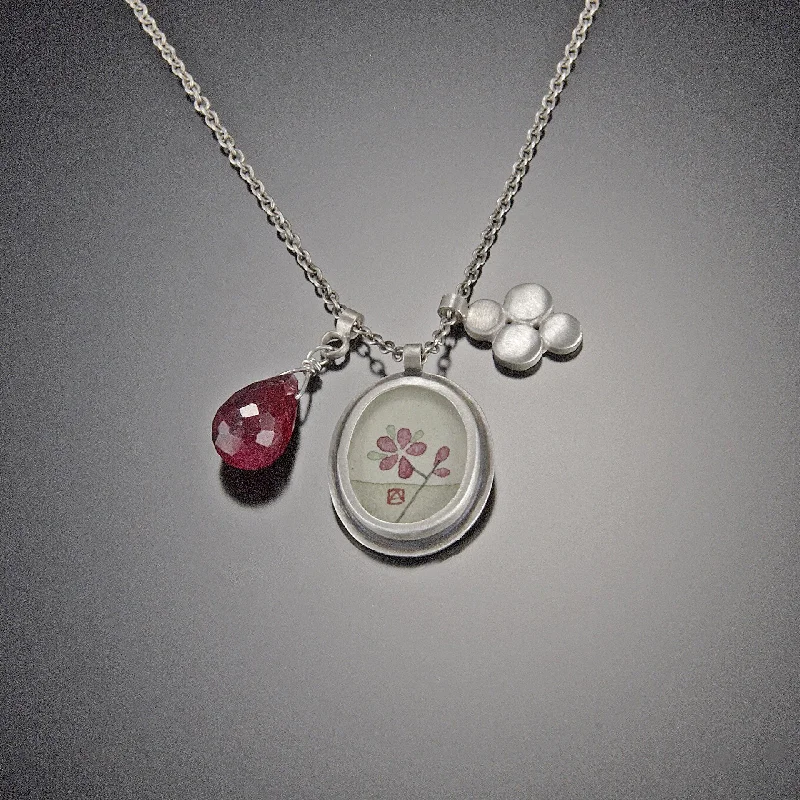 Unique Silver Bar Necklace-Plum Blossom Charm Necklace with Ruby Teardrop