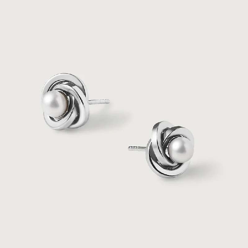 Chunky Silver Earrings-Ocean Wave Pearl Solitaire Stud Earrings