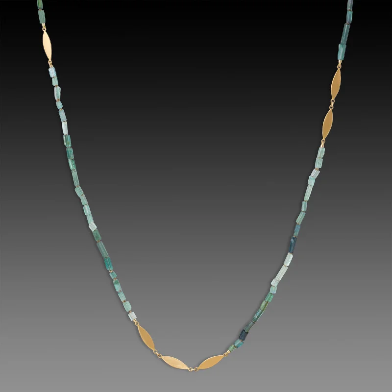 Gold Beaded Necklace-Long Ombre Tourmaline Necklace with 22k Leaves