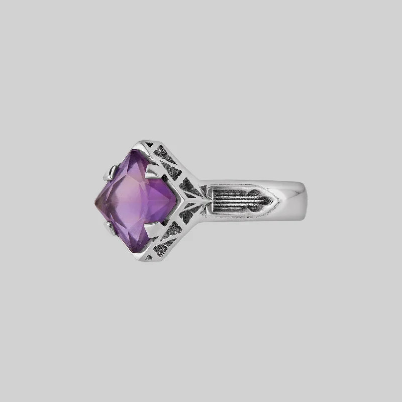 Handcrafted Gemstone Ring-CHALICE. Violet Amethyst Gothic Ring - Silver