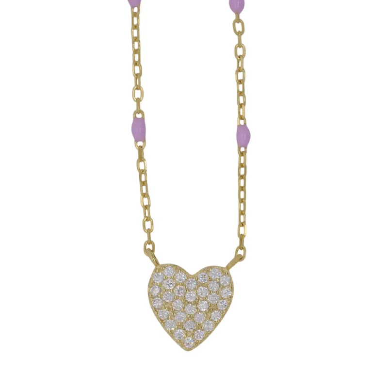 Gold Statement Necklace-Dotted Purple Heart with Cubic Zirconia Pendant Necklace