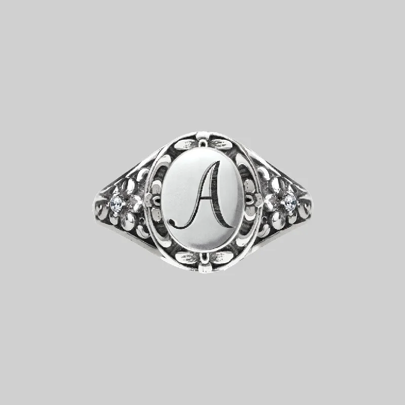 Wedding Ring with Aquamarine-DARK GARDEN. Ornate Initial Ring (A - M)