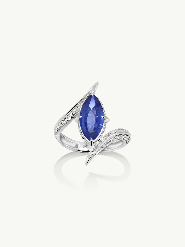 Custom Gold Wedding Band Set-Ayla Arabesque Engagement Ring with Marquise-Cut Cornflower Blue Sapphire & Pavé-Set Brilliant White Diamonds In 18K White Gold