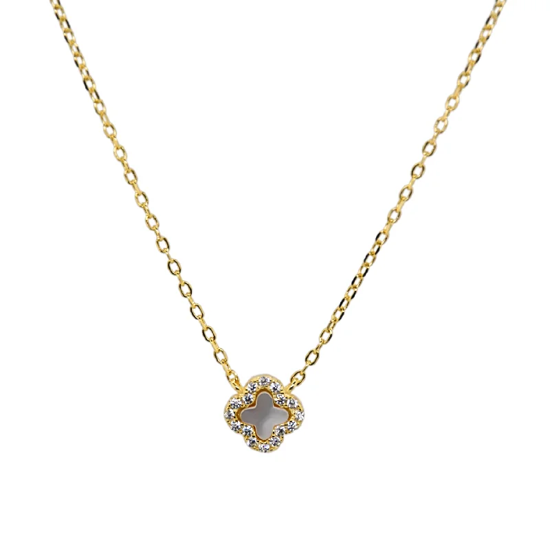 Gold Charm Necklace-"TINY CLOVER"  MOP CZ Necklace