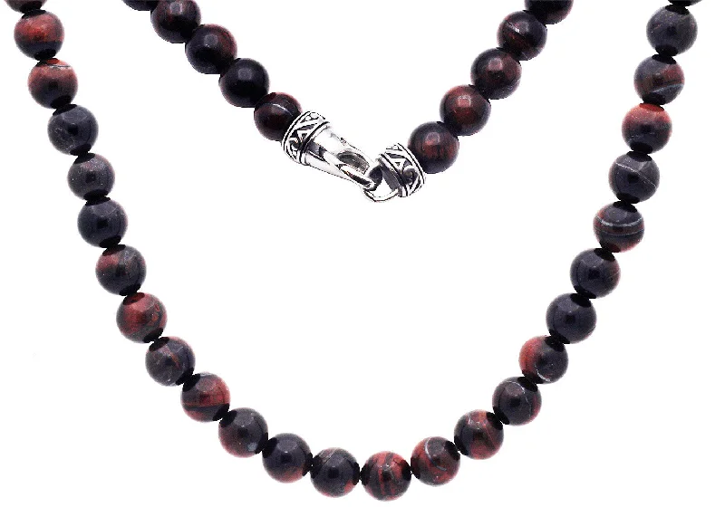 Cute Pendant Necklace-Mens Genuine 8mm Red Tiger Eye Stainless Steel Beaded Necklace