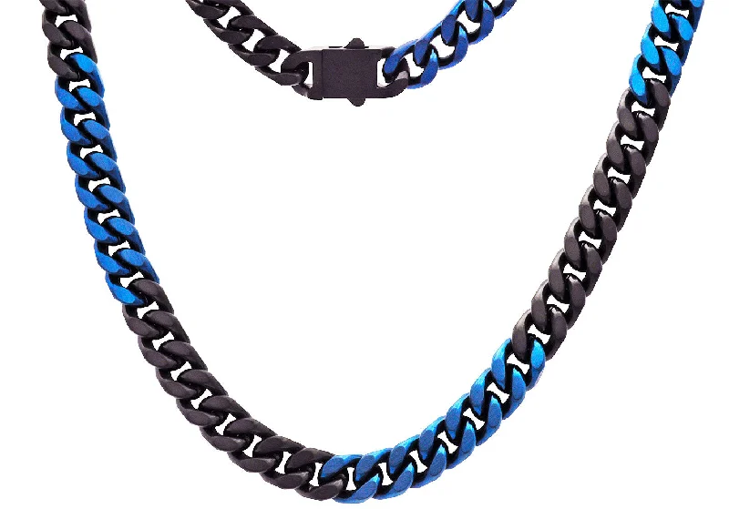 Minimalist Gemstone Necklace-Mens 10mm Two-Toned Black And Blue Plated Stainless Steel Cuban Link Chain Necklace