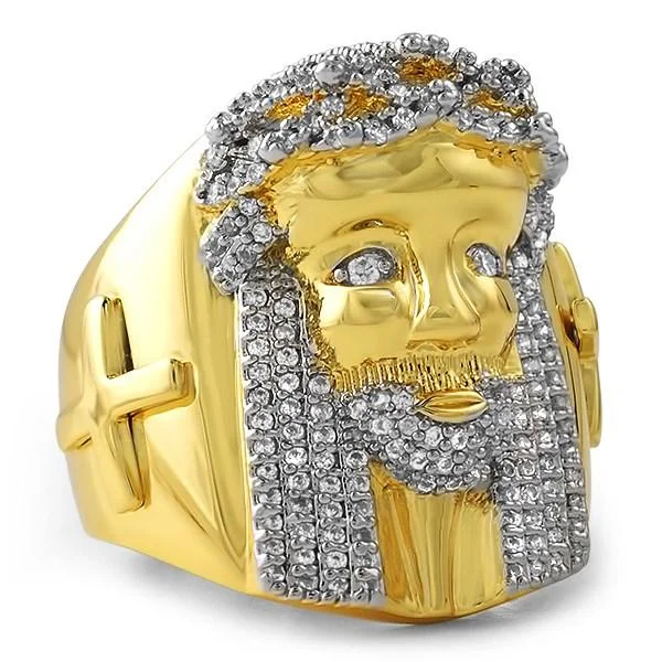 Two-Tone Engagement Ring-Iced Out Gold Jesus Ring with Cross