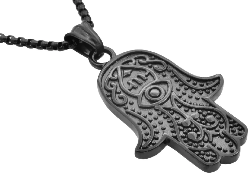 Stylish Beaded Necklace-Mens Black Stainless Steel Hamsa Pendant Necklace