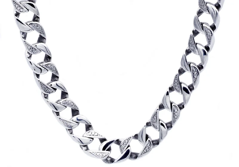 Sparkling Silver Pendant Necklace-Mens 14mm Stainless Steel Pave Curb Link Chain Necklace