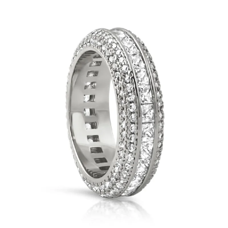 Silver Stackable Rings-Princess Cut Channel Set Micro Pave Eternity Band Ring in Rhodium