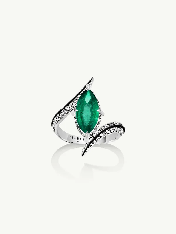 Handmade Silver Ring-Ayla Arabesque Brilliant Marquise-Cut Emerald Ring With Pavé White Diamonds & Enamel In 18K White Gold