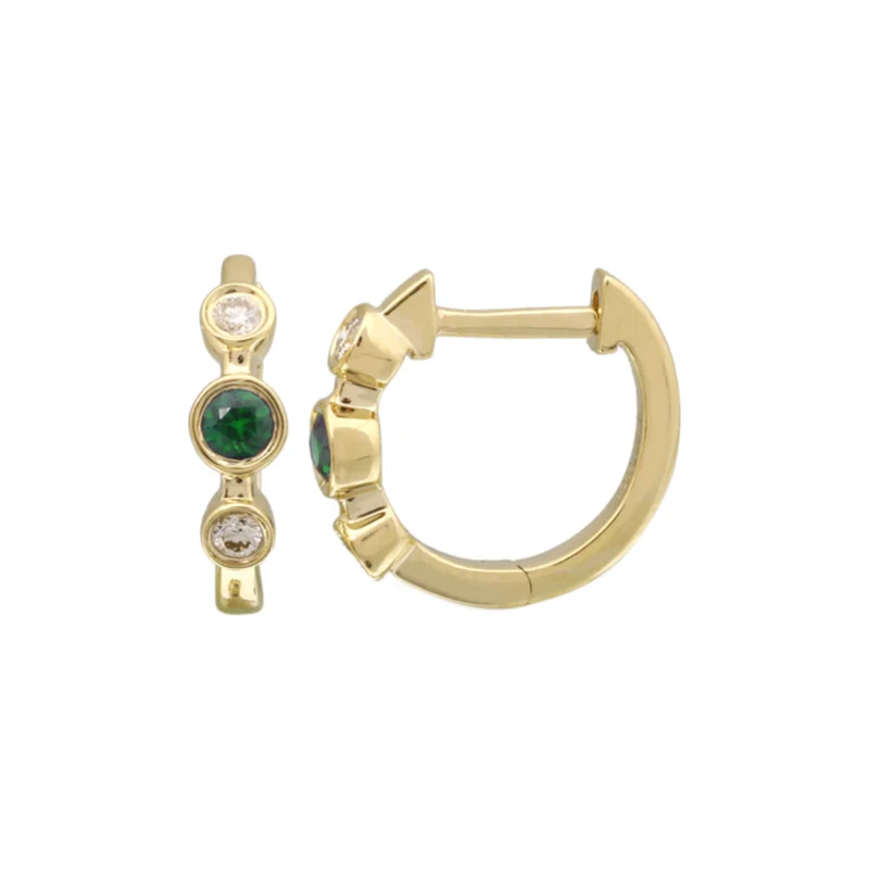 Retro Hoop Earrings-Emerald and Diamond Bezel Mini Huggies