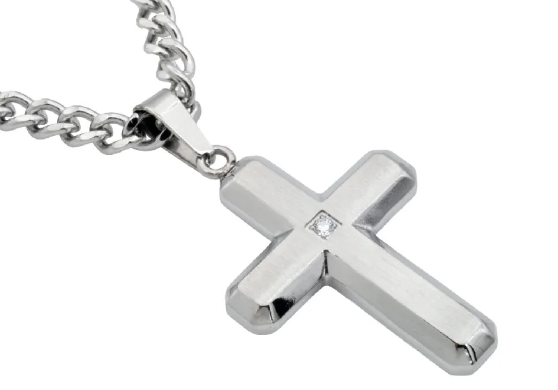 Delicate Gold Necklace-Mens Stainless Steel Cross Pendant Necklace With Cubic Zirconia