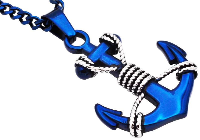 Pearl Cluster Necklace-Mens Blue Stainless Steel Anchor Pendant Necklace With Steel Rope