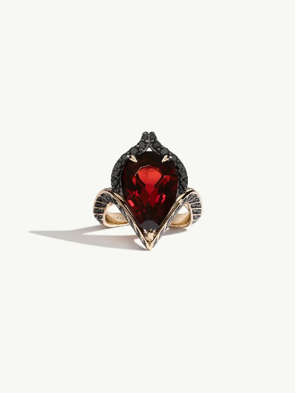 Stackable Rings for Women-Oceanna Ring With Red Garnet & Brilliant-Cut Black Diamonds In 18K Yellow Gold