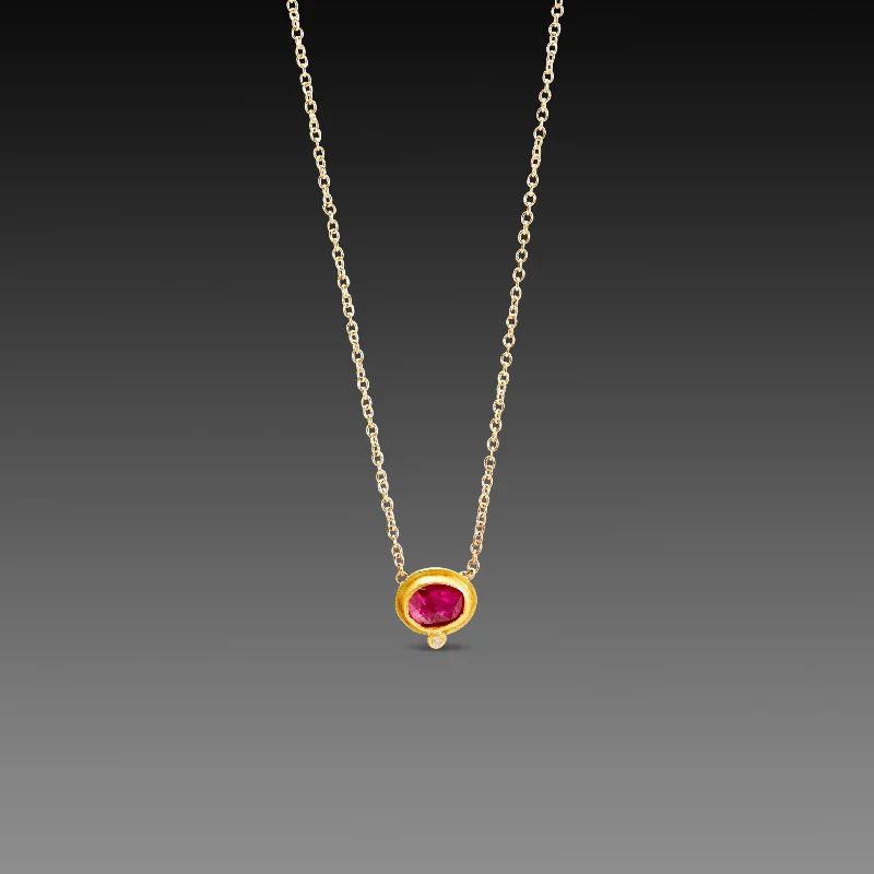 Minimalist Charm Necklace-Floating Ruby Necklace with Diamond Dot