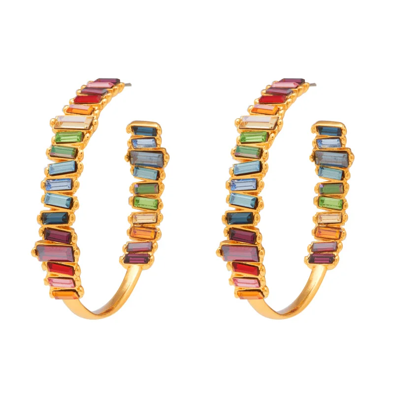 Clear Crystal Earrings-Serena Hoops in Gold Rainbow