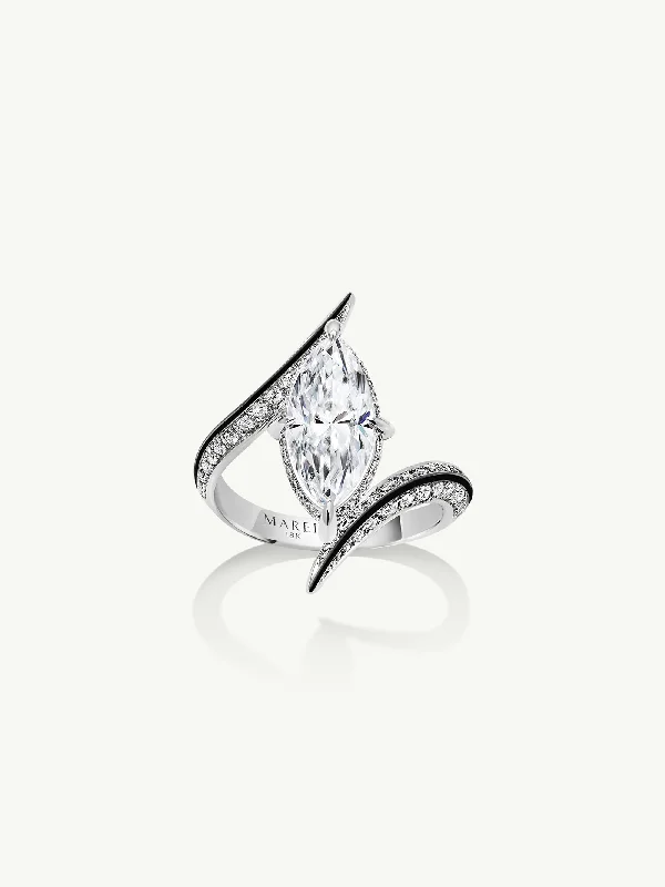 Rose Gold Wedding Ring-Ayla Arabesque Engagement Ring With Marquise-Cut White Diamond, Pavé-Set Brilliant White Diamonds & Enamel in 18K White Gold