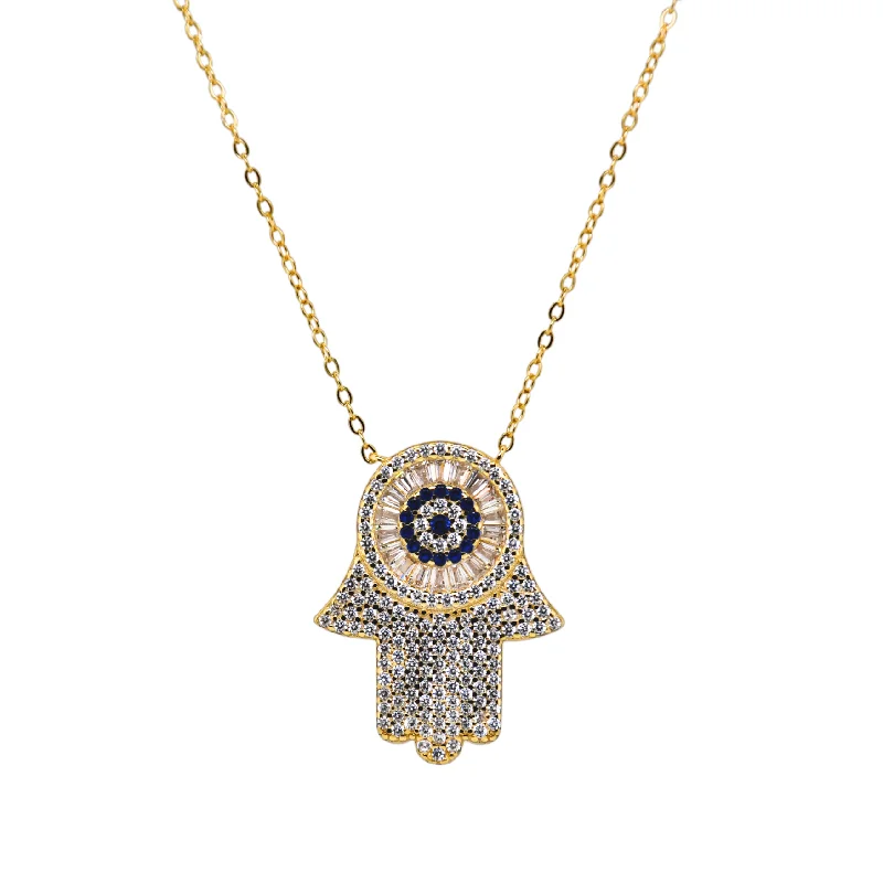 Elegant Bar Necklace-"BIG HAMSA" Charm Pave CZ Large Necklace