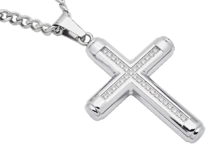 Classic Diamond Necklace-Mens Stainless Steel Cross Pendant Necklace With Cubic Zirconia with 24" Curb Box Chain