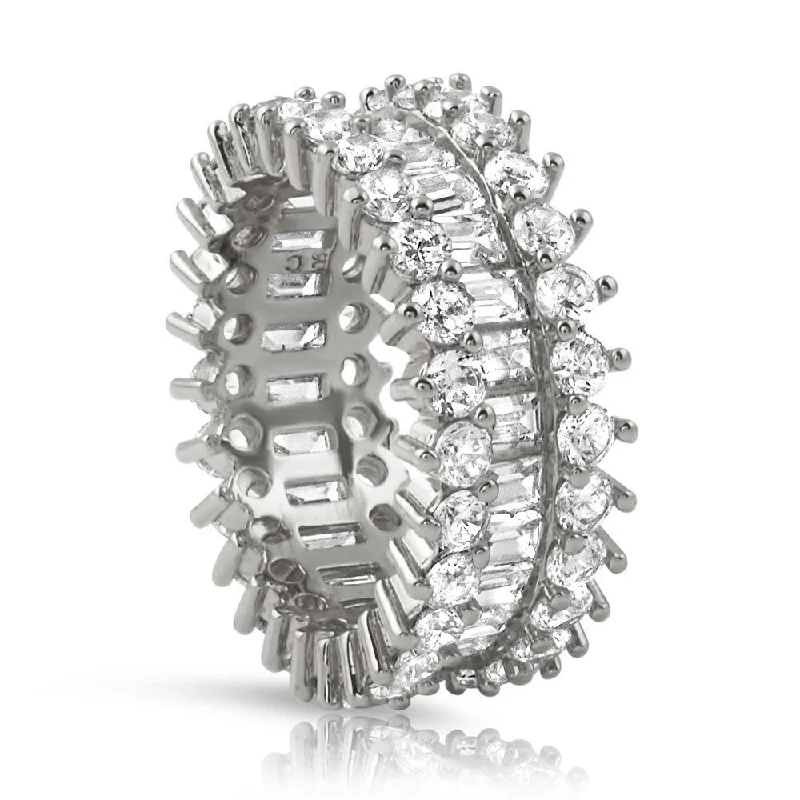 Bold Statement Ring-.925 Silver Baguettes CZ Chunky Ice Eternity Bling Ring in Rhodium